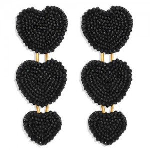 Bohemian Bold Fashion Mini Beads Triple Hearts Handmade Women Stud Earrings - Black
