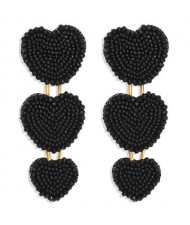 Bohemian Bold Fashion Mini Beads Triple Hearts Handmade Women Stud Earrings - Black