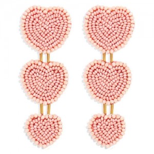 Bohemian Bold Fashion Mini Beads Triple Hearts Handmade Women Stud Earrings - Pink