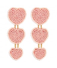 Bohemian Bold Fashion Mini Beads Triple Hearts Handmade Women Stud Earrings - Pink