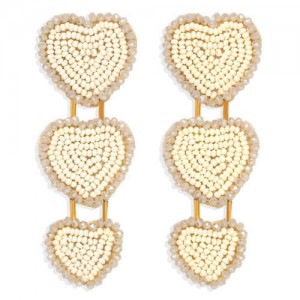 Bohemian Bold Fashion Mini Beads Triple Hearts Handmade Women Stud Earrings - Khaki