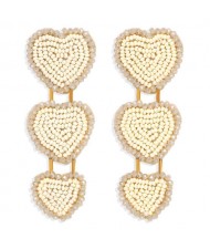 Bohemian Bold Fashion Mini Beads Triple Hearts Handmade Women Stud Earrings - Khaki