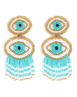 Creative Dual Eyes Design Teal Color Tassel Fashion Women Earrings
