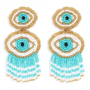 Creative Dual Eyes Design Teal Color Tassel Fashion Women Earrings