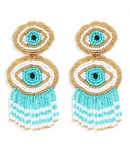 Creative Dual Eyes Design Teal Color Tassel Fashion Women Earrings