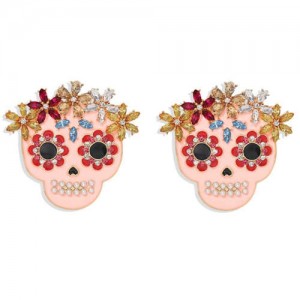 Floral Skull Pink Fashion Women Alloy Statement Earrings