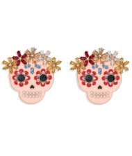 Floral Skull Pink Fashion Women Alloy Statement Earrings