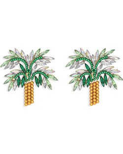 High Fashion Coconut Tree Design Women Rhinestone Stud Earrings - White