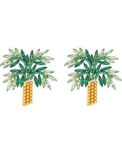 High Fashion Coconut Tree Design Women Rhinestone Stud Earrings - Green