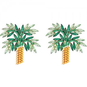 High Fashion Coconut Tree Design Women Rhinestone Stud Earrings - Green