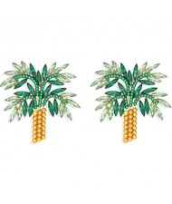 High Fashion Coconut Tree Design Women Rhinestone Stud Earrings - Green