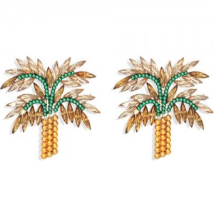 High Fashion Coconut Tree Design Women Rhinestone Stud Earrings - Brown