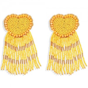 Bohemian Peach Heart Mini Beads Tassel Fashion Women Costume Statement Earrings - Yellow