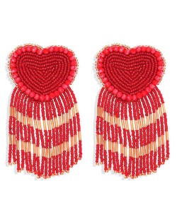Bohemian Peach Heart Mini Beads Tassel Fashion Women Costume Statement Earrings - Red