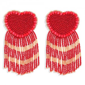 Bohemian Peach Heart Mini Beads Tassel Fashion Women Costume Statement Earrings - Red