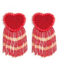 Bohemian Peach Heart Mini Beads Tassel Fashion Women Costume Statement Earrings - Red
