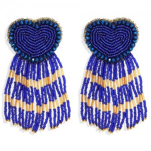 Bohemian Peach Heart Mini Beads Tassel Fashion Women Costume Statement Earrings - Blue