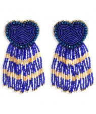 Bohemian Peach Heart Mini Beads Tassel Fashion Women Costume Statement Earrings - Blue