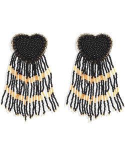 Bohemian Peach Heart Mini Beads Tassel Fashion Women Costume Statement Earrings - Black