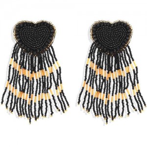 Bohemian Peach Heart Mini Beads Tassel Fashion Women Costume Statement Earrings - Black