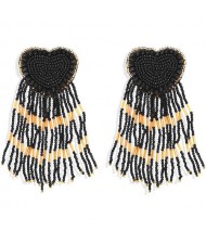 Bohemian Peach Heart Mini Beads Tassel Fashion Women Costume Statement Earrings - Black