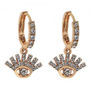 Rhinestone Embellished Shining Eye Pendant Design Small Hoop Fashion Women Earrings - White