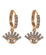 Rhinestone Embellished Shining Eye Pendant Design Small Hoop Fashion Women Earrings - White