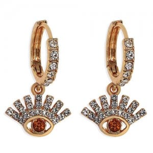 Rhinestone Embellished Shining Eye Pendant Design Small Hoop Fashion Women Earrings - Red