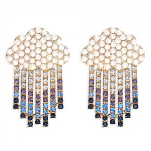 Cloud Raining Design Shining Rhinestone High Fashion Women Stud Earrings - Blue