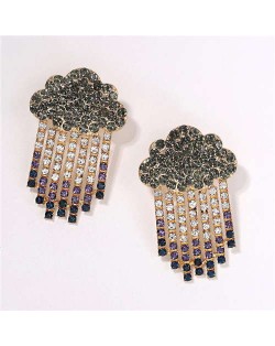 Cloud Raining Design Shining Rhinestone High Fashion Women Stud Earrings - Green
