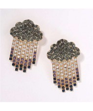 Cloud Raining Design Shining Rhinestone High Fashion Women Stud Earrings - Green