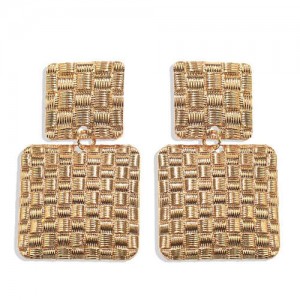 Metallic Texture Squares Combo Design High Fashion Women Stud Earrings - Golden