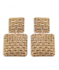 Metallic Texture Squares Combo Design High Fashion Women Stud Earrings - Golden