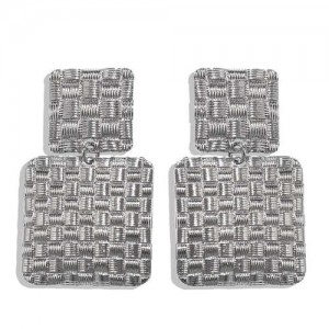 Metallic Texture Squares Combo Design High Fashion Women Stud Earrings - Silver