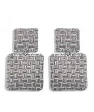 Metallic Texture Squares Combo Design High Fashion Women Stud Earrings - Silver