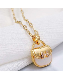 Cubic Zirconia Cute Handbag Pendant Design High Fashion Women Necklace - Golden