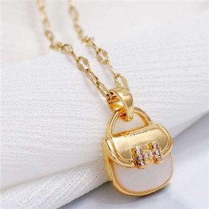 Cubic Zirconia Cute Handbag Pendant Design High Fashion Women Necklace - Golden