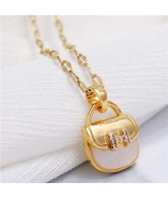 Cubic Zirconia Cute Handbag Pendant Design High Fashion Women Necklace - Golden