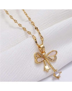 Star and Cubic Zirconia Embellished Bowknot Pendant Korean Fashion Women Copper Necklace - Golden