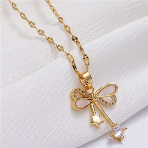 Star and Cubic Zirconia Embellished Bowknot Pendant Korean Fashion Women Copper Necklace - Golden