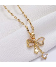 Star and Cubic Zirconia Embellished Bowknot Pendant Korean Fashion Women Copper Necklace - Golden