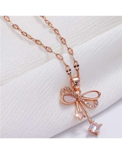 Star and Cubic Zirconia Embellished Bowknot Pendant Korean Fashion Women Copper Necklace - Rose Gold