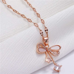 Star and Cubic Zirconia Embellished Bowknot Pendant Korean Fashion Women Copper Necklace - Rose Gold
