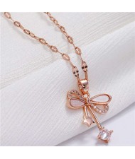 Star and Cubic Zirconia Embellished Bowknot Pendant Korean Fashion Women Copper Necklace - Rose Gold