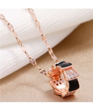 Cubic Zirconia Inlaid Simple Hoop Pendant Unique Fashion Women Costume Necklace - Black