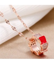 Cubic Zirconia Inlaid Simple Hoop Pendant Unique Fashion Women Costume Necklace - Red