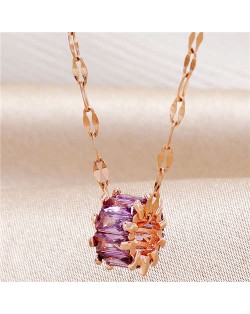 Graceful Cubic Zirconia Shining Hoop Pendant High Quality Women Copper Costume Necklace - Purple