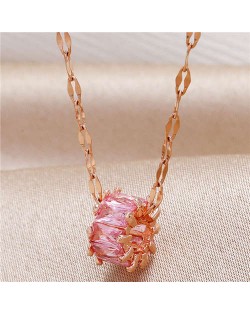 Graceful Cubic Zirconia Shining Hoop Pendant High Quality Women Copper Costume Necklace - Pink