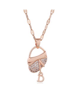 Cubic Zirconia Embellished High Fashion Handbag Pendant Women Copper Statement Necklace - Rose Gold