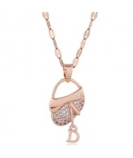 Cubic Zirconia Embellished High Fashion Handbag Pendant Women Copper Statement Necklace - Rose Gold